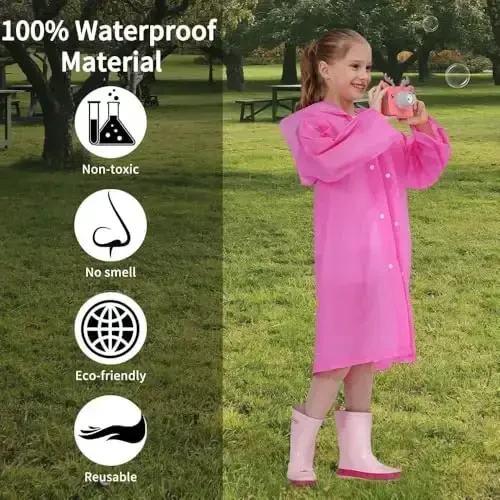 Opret 2 Pack Raincoats for Kids, Reusable Rain Ponchos with Hood and Sleeves Waterproof Rain Coats for Boys and Girls - 5