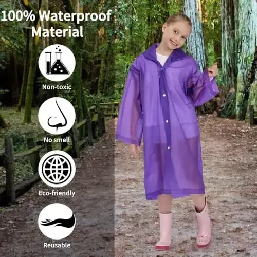 Opret 2 Pack Raincoats for Kids, Reusable Rain Ponchos with Hood and Sleeves Waterproof Rain Coats for Boys and Girls - 5