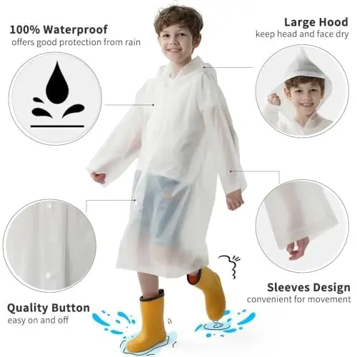 Opret 2 Pack Raincoats for Kids, Reusable Rain Ponchos with Hood and Sleeves Waterproof Rain Coats for Boys and Girls - 5