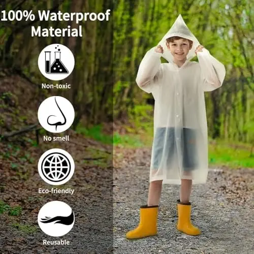 Opret 2 Pack Raincoats for Kids, Reusable Rain Ponchos with Hood and Sleeves Waterproof Rain Coats for Boys and Girls - 6