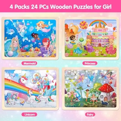 Jigsaw Puzzles Wooden Puzzles for Girls Ages 3-5 Unicorn Mermaid Princess Fairy Puzzle Preschool Educational Brain Teaser Boards Toys Gifts for 3 4 5 6 Year Old Kids 4 Packs 24 Pcs - 3