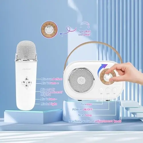 Aresrora Mini Karaoke Machine for Kids,Portable Bluetooth Speaker with 2 Wireless Microphone,Toys for Girls Boys Gifts,Retro Speaker Set Stereo Sound Enhanced Bass for Home Party Birthday (White) - 5