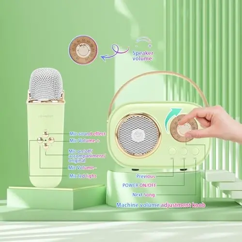 Aresrora Mini Karaoke Machine for Kids,Portable Bluetooth Speaker with 2 Wireless Microphone,Toys for Girls Boys Gifts,Retro Speaker Set Stereo Sound Enhanced Bass for Home Party Birthday (Green) - 5