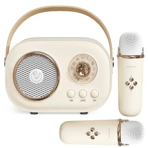 Aresrora Mini Karaoke Machine for Kids,Portable Bluetooth Speaker with 2 Wireless Microphone,Toys for Girls Boys Gifts,Retro Speaker Set Stereo Sound Enhanced Bass for Home Party Birthday (Yellow) - 1