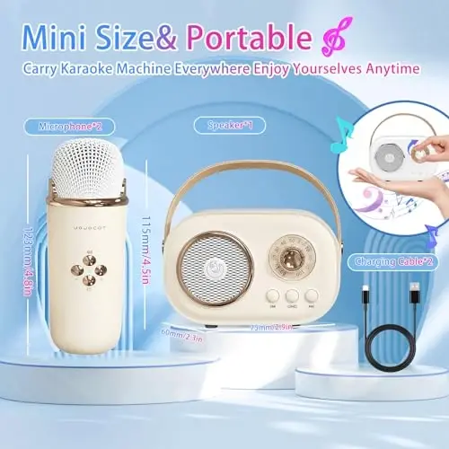 Aresrora Mini Karaoke Machine for Kids,Portable Bluetooth Speaker with 2 Wireless Microphone,Toys for Girls Boys Gifts,Retro Speaker Set Stereo Sound Enhanced Bass for Home Party Birthday (Yellow) - 5