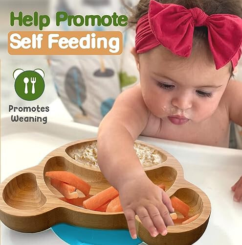 Bamboo Plates For Kids - Baby and Toddler Bamboo Suction Plate for Babies Feeding and Weaning, Promotes Self-Feeding with Eco-Friendly Sturdy Bear Design, Suction Plates for Busy Moms & Dads, Blue - 4