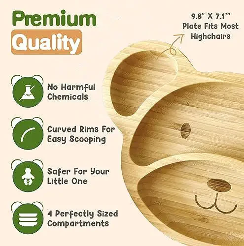 Bamboo Plates for Kids - Baby & Toddler Plates with Suction for Feeding & Weaning, Eco-Friendly Bear Design Promotes Self-Feeding, Ideal for Busy Moms & Dads, Sturdy & BPA-Free (Blue) - 3