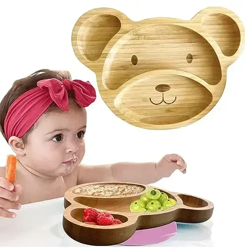 Bamboo Plates for Kids - Baby & Toddler Plates with Suction for Feeding & Weaning, Eco-Friendly Bear Design Promotes Self-Feeding, Ideal for Busy Moms & Dads, Sturdy & BPA-Free (Pink) - 1