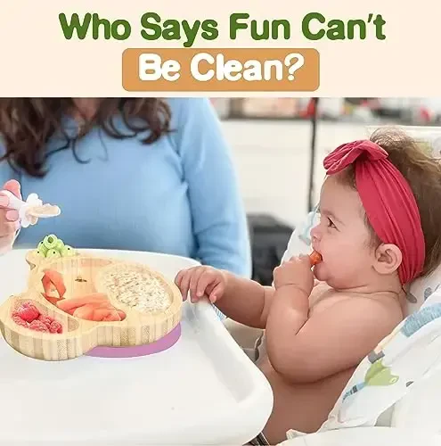 Bamboo Plates for Kids - Baby & Toddler Plates with Suction for Feeding & Weaning, Eco-Friendly Bear Design Promotes Self-Feeding, Ideal for Busy Moms & Dads, Sturdy & BPA-Free (Pink) - 6