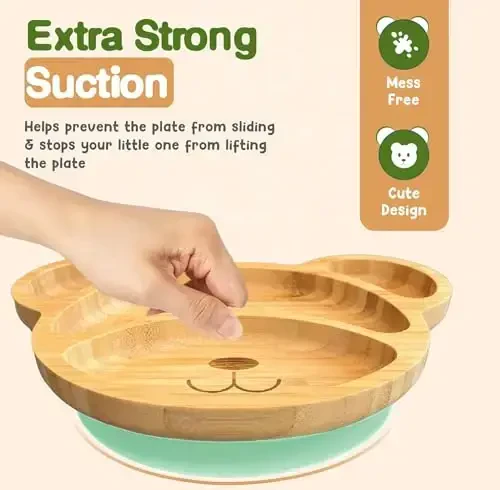 Bamboo Plates for Kids - Baby & Toddler Plates with Suction for Feeding & Weaning, Eco-Friendly Bear Design Promotes Self-Feeding, Ideal for Busy Moms & Dads, Sturdy & BPA-Free (Mint) - 2