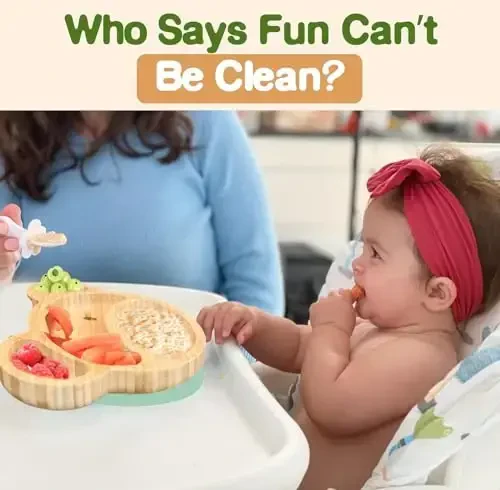 Bamboo Plates for Kids - Baby & Toddler Plates with Suction for Feeding & Weaning, Eco-Friendly Bear Design Promotes Self-Feeding, Ideal for Busy Moms & Dads, Sturdy & BPA-Free (Mint) - 6