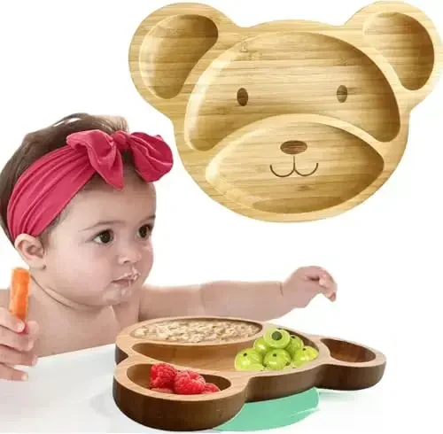 Bamboo Plates for Kids - Baby & Toddler Plates with Suction for Feeding & Weaning, Eco-Friendly Bear Design Promotes Self-Feeding, Ideal for Busy Moms & Dads, Sturdy & BPA-Free (Mint) 