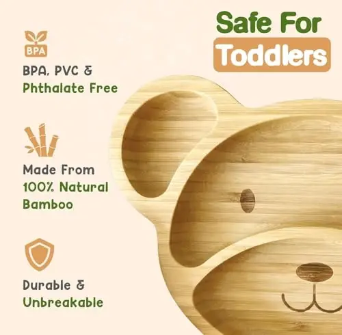 Bamboo Plates for Kids - Baby & Toddler Plates with Suction for Feeding & Weaning, Eco-Friendly Bear Design Promotes Self-Feeding, Ideal for Busy Moms & Dads, Sturdy & BPA-Free (Mint) - 5