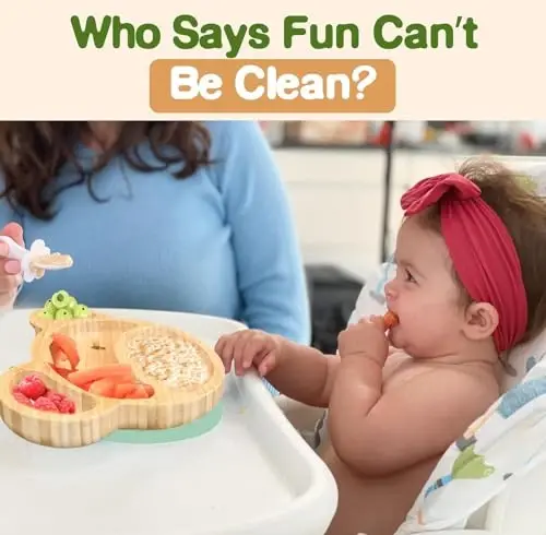Bamboo Plates for Kids - Baby & Toddler Plates with Suction for Feeding & Weaning, Eco-Friendly Bear Design Promotes Self-Feeding, Ideal for Busy Moms & Dads, Sturdy & BPA-Free (Mint) - 6