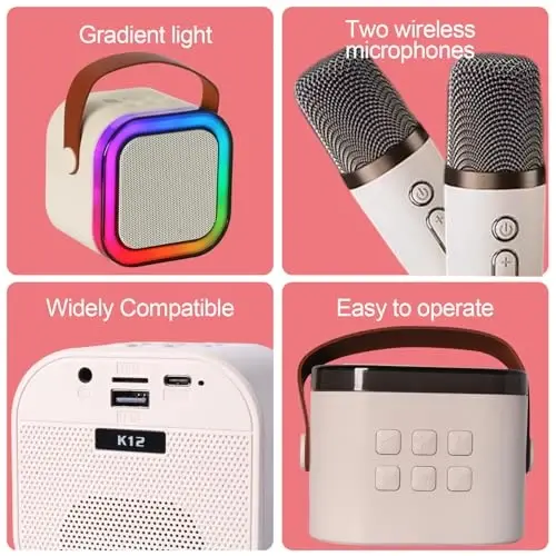 Eimterlan Karaoke Machine for Kids, Kids Karaoke Machine Gifts for Girls and Boys Family Party, Kids Karaoke Machine for Girls with 2 Wireless Microphones, Mini Portable Bluetooth Speaker (Ivory) - 2
