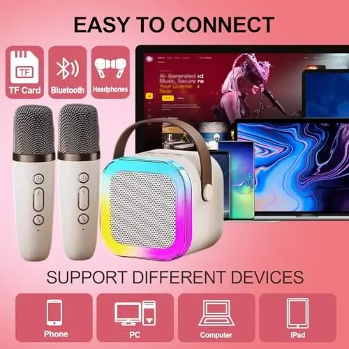 Eimterlan Karaoke Machine for Kids, Kids Karaoke Machine Gifts for Girls and Boys Family Party, Kids Karaoke Machine for Girls with 2 Wireless Microphones, Mini Portable Bluetooth Speaker (Ivory) - 5