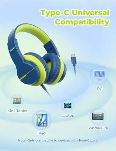 iClever USB C Headphones for Kids, Over-Ear for Boys Girls, Safe Volume 85dBA, Foldable Wired Kids Headphones for iPad, HS19S - 10