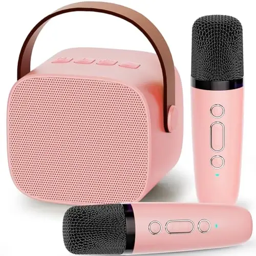 IROO Mini Karaoke Machine for Kids, 2025 Top Christmas Birthday Gifts for 3, 4, 5, 6, 7, 8, 9, 10, 12 +Years Old Girls Grandkids,Party Portable Bluetooth Speaker with 2 Wireless Microphones (P-ink) - IROO