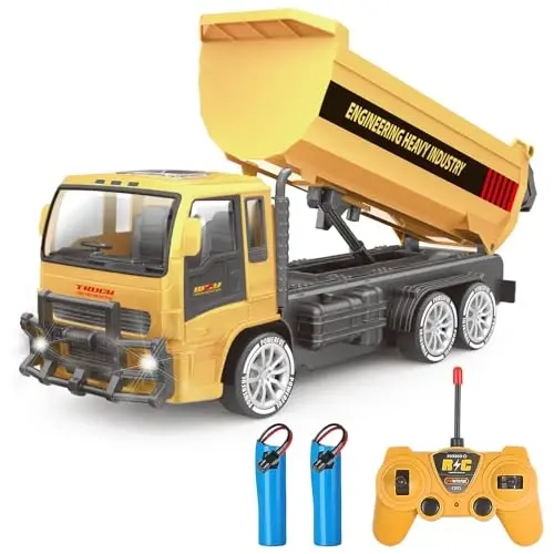 Jiakora Remote Control Dump Truck for Kids, 2.4GHz RC Construction Vehicle with LED Lights, 45° Dumping Function, 2 Rechargeable Batteries, Toy Truck for Boys Girls 3 4 5 6 7 8 Years Old 