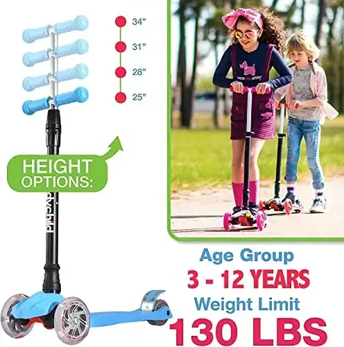 Kids Kick Scooter, 3 Wheeled Scooter for Kids, Child/Toddlers Toy, Adjustable Height, Anti-Slip Deck, Flashing Wheel Lights, for Boys/Girls 3-12 Year Old - 3