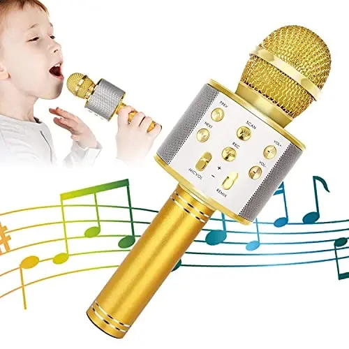 KIDWILL Wireless Bluetooth Karaoke Microphone for Kids, 5-in-1 Portable Handheld Karaoke Mic Speaker Player Recorder with Adjustable Remix FM Radio for Kids Girls Boys Teens Birthday (Gold) - 1