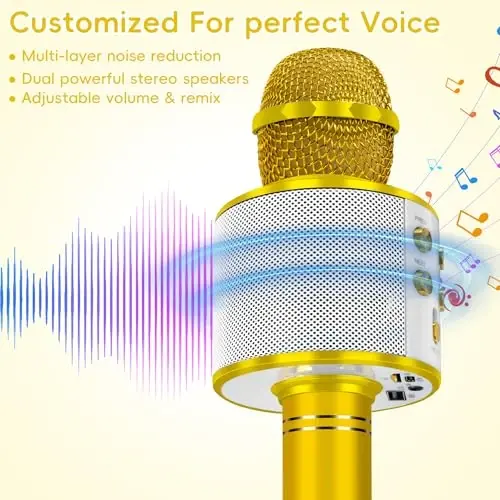 KIDWILL Wireless Bluetooth Karaoke Microphone for Kids, 5-in-1 Portable Handheld Karaoke Mic Speaker Player Recorder with Adjustable Remix FM Radio for Kids Girls Boys Teens Birthday (Gold) - 2