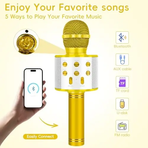 KIDWILL Wireless Bluetooth Karaoke Microphone for Kids, 5-in-1 Portable Handheld Karaoke Mic Speaker Player Recorder with Adjustable Remix FM Radio for Kids Girls Boys Teens Birthday (Gold) - 3