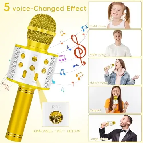 KIDWILL Wireless Bluetooth Karaoke Microphone for Kids, 5-in-1 Portable Handheld Karaoke Mic Speaker Player Recorder with Adjustable Remix FM Radio for Kids Girls Boys Teens Birthday (Gold) - 5