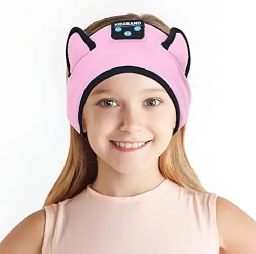 KIDSBAND Kids Headphones, Cozy Bluetooth Headphones for Kids with Wired Playback 3.5 MM Jack for School,Foldable Cat Ear Headset for Girls Boys Children,Kindle Tablet Cellphones Airplane Travel - 1