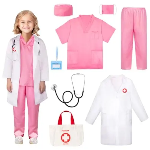 Meland Doctor Costume for Girls - Kids Scrubs with Lab Coat & Carry Bag, Doctor Dress Up for Halloween, Career Day Role Play - MODAZONE (1)
