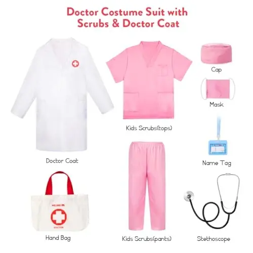 Meland Doctor Costume for Girls - Kids Scrubs with Lab Coat & Carry Bag, Doctor Dress Up for Halloween, Career Day Role Play - 3