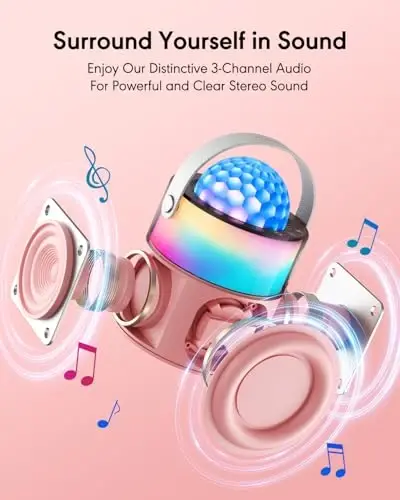 MOMOHO Karaoke Machine with Disco LED Lights for Adults Kids, Mini Portable Bluetooth Speaker with 2 Wireless Microphones, Birthday Gifts Toys for Kids Family Home Party (Pink) - 3
