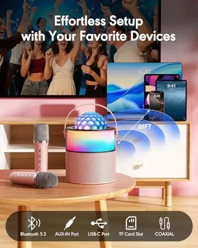 MOMOHO Karaoke Machine with Disco LED Lights for Adults Kids, Mini Portable Bluetooth Speaker with 2 Wireless Microphones, Birthday Gifts Toys for Kids Family Home Party (Pink) - 5