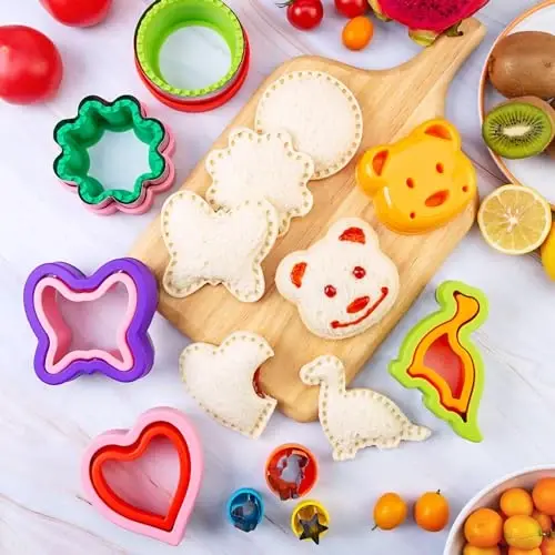 Sandwich Cutter for Kids 48 Pcs, Kimfead Cookie Cutters, Fruit Vegetable Cutter Shapes, Food Picks for Bento Box, Mouse Dinosaur Star Square Heart Shape - 1