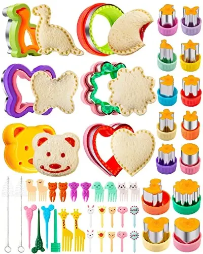 Sandwich Cutter for Kids 48 Pcs, Kimfead Cookie Cutters, Fruit Vegetable Cutter Shapes, Food Picks for Bento Box, Mouse Dinosaur Star Square Heart Shape - 4