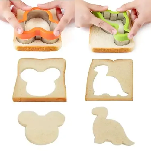 Sandwich Cutters for Kids Lunch 12 Pcs, Kimfead Cookie Cutters Set, Vegetable Fruit Cutters Shapes, Stainless Steel Biscuit Cutters, Dinosaur Mouse Heart Star - 6