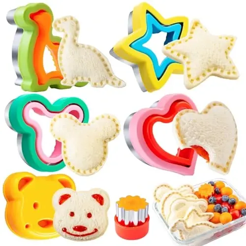 Sandwich Cutters for Kids Lunch LARGE 6 Pcs, Kimfead Sandwich Maker, Cookie Cutters Set, Dinosaur Mouse Heart Star Bear - 1