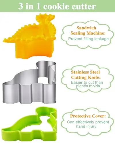 Sandwich Cutters for Kids Lunch LARGE 6 Pcs, Kimfead Sandwich Maker, Cookie Cutters Set, Dinosaur Mouse Heart Star Bear - 3