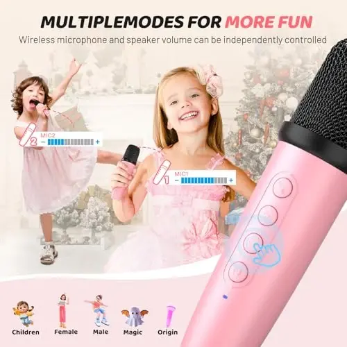 SUDOTACK Mini Karaoke Machine for Kids, Portable Bluetooth Karaoke Speaker with 2 Wilreless Microphones with LED Lights, Christamas Kids Gifts for Girls 4, 5, 6, 7, 8, 9, 10 +Year Old-Pink(KM100) - 6