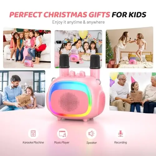 SUDOTACK Mini Karaoke Machine for Kids, Portable Bluetooth Karaoke Speaker with 2 Wilreless Microphones with LED Lights, Christamas Kids Gifts for Girls 4, 5, 6, 7, 8, 9, 10 +Year Old-Pink(KM100) - 3
