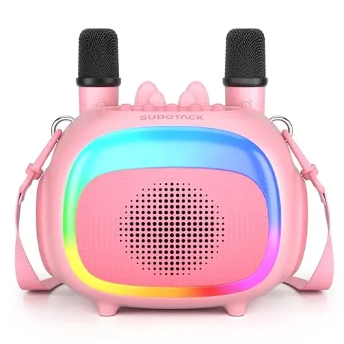 SUDOTACK Mini Karaoke Machine for Kids, Portable Bluetooth Karaoke Speaker with 2 Wilreless Microphones with LED Lights, Christamas Kids Gifts for Girls 4, 5, 6, 7, 8, 9, 10 +Year Old-Pink(KM100) - 2