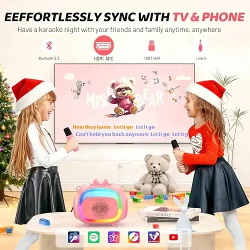 SUDOTACK Mini Karaoke Machine for Kids, Portable Bluetooth Karaoke Speaker with 2 Wilreless Microphones with LED Lights, Christamas Kids Gifts for Girls 4, 5, 6, 7, 8, 9, 10 +Year Old-Pink(KM100) 