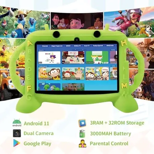 Kids Tablet, 7 inch Tablet with Case for Kids 2-10, Educational Learning Toddler Tablet Android 11, 3GB RAM+32GB ROM Storage, WiFi，Bluetooth，with Google Play YouTube, Baby Girl boy Present（Green） - MENGDASH (1)