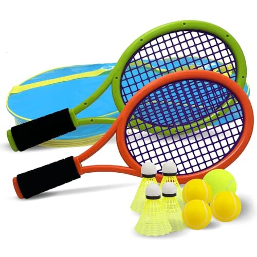 Tennis Racket Set for Children,17 Inch Racquet with 1 Tennis Balls,4 Badminton Shuttlecocks and 3 Soft Balls for Toddler Indoor/Outdoor Sports - MODAZONE