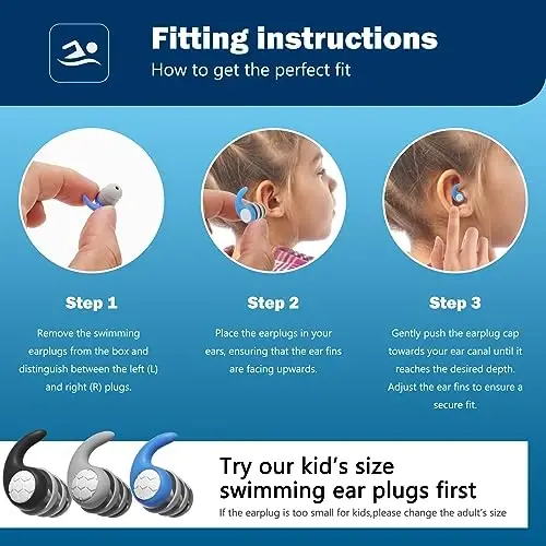 Swimming Ear Plugs for Kids,3 Pairs Waterproof Silicone Swim Earplugs for Swimming Surfing Diving Showering for 4-12 Years Olds Children and Small Ear Teens - SWIMMING (1)