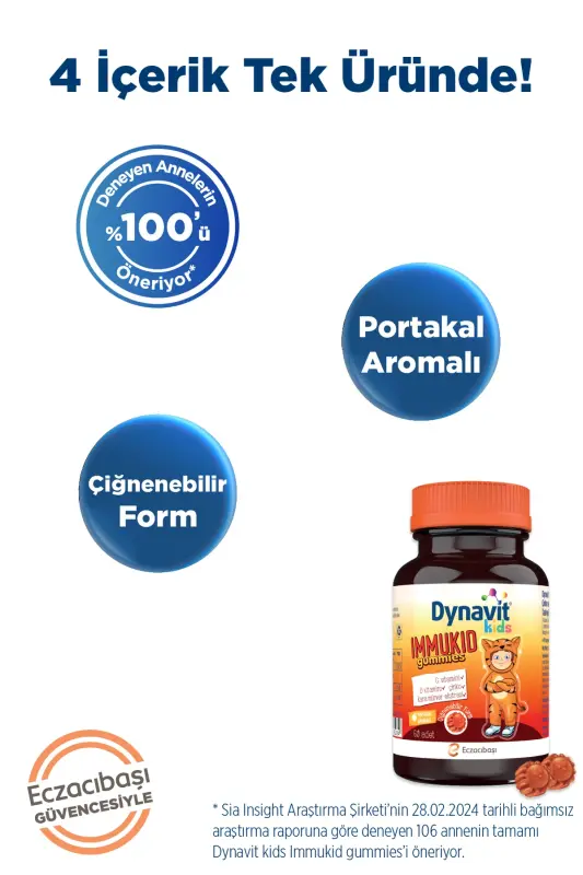 Kids Immukid Gummies 60 Çiğnenebilir - Çocuk için C, D Vitamini,Çinko,Kara Mürver-Bağışıklık&Enerji - DYNAVIT