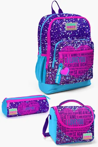 Kids Mor Mavi Pembe Kalp Desenli 3’lü Okul Çanta Seti SET0123740 - Pembe Mor Mavi 
