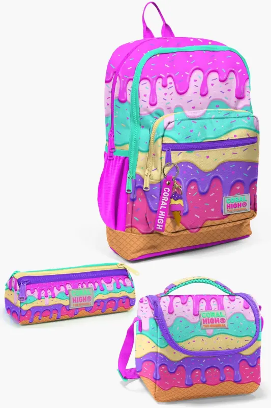 Kids Pembe Rengarenk Dondurma Desenli 3’lü Okul Çanta Seti SET0123731 - Pembe Rengarenk - 1
