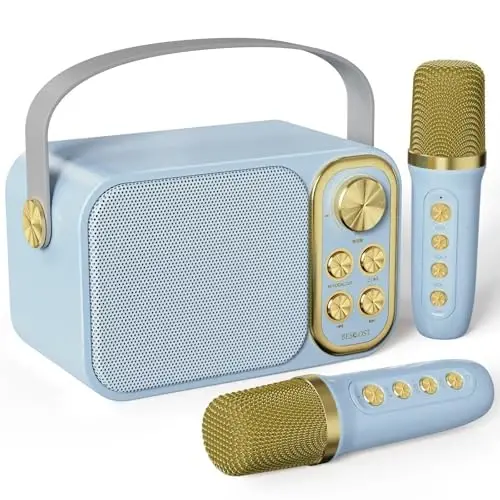BESCOST Mini Karaoke Machine for Kids Adults, Portable Bluetooth Speaker with 2 Wireless Microphones, Kids Karaoke Machine for Girls Boys, Toys Birthday Gifts for 3-12+ Years Old Toddler (Blue) 