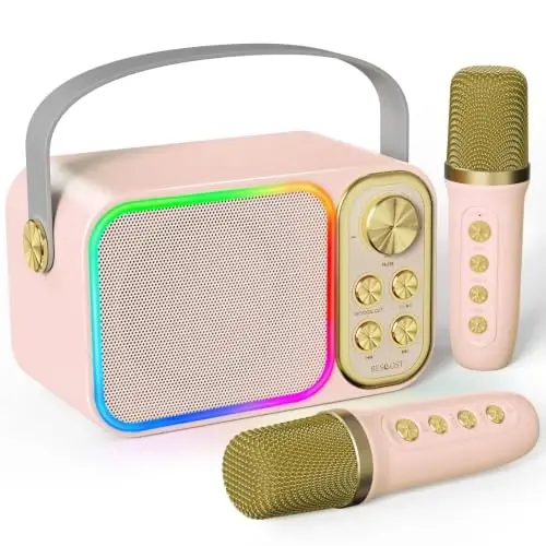 BESCOST Mini Karaoke Machine for Kids Adults, Portable Bluetooth Speaker with 2 Wireless Mics, Kids Karaoke Machine with LED Light Toys Birthday Gifts for 3-12+ Years Old Girls Boys(Colorful) 